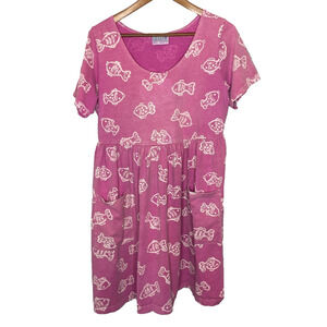Women's Large Fresh Produce Pink Cotton Fish Print T-Shirt Dress